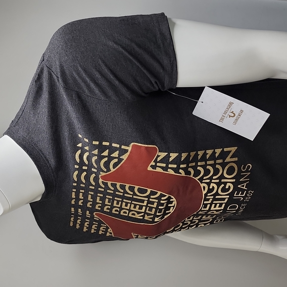 TRUE RELIGION DARK GREY WITH GOLD LOGO TEE SHIRT - Picture 2 of 8